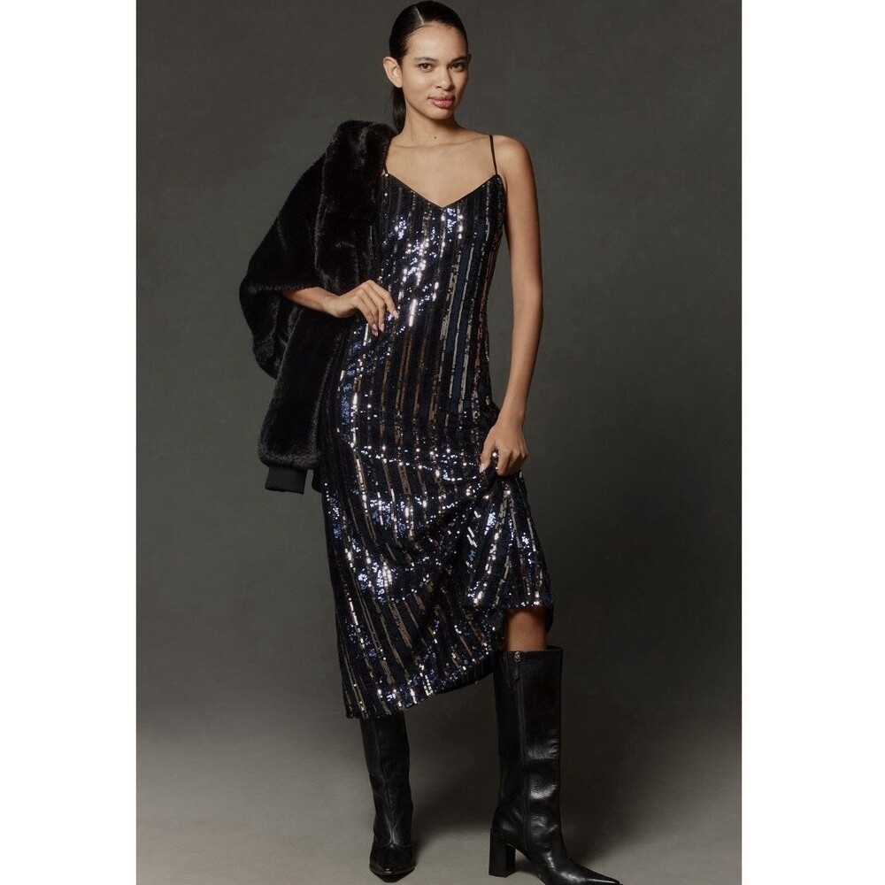 Anthropologie Maeve Sleeveless Sequin Stripe Midi Dress Sz XS Navy